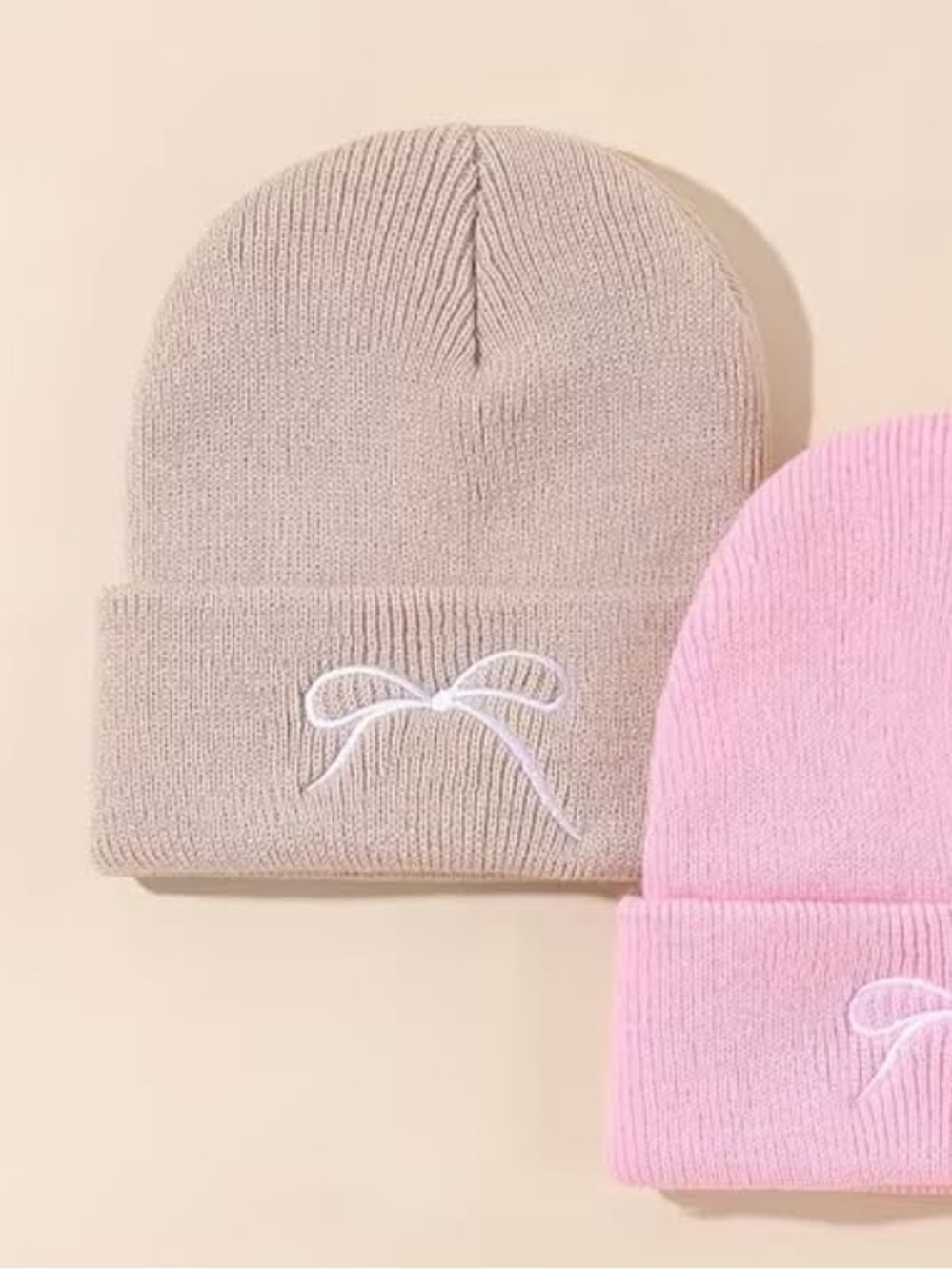 1-Knit Kids Beanie with Embroidered Bow - Beige